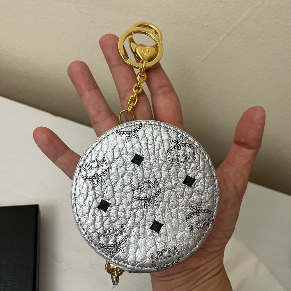 MCM Metallic Silver Coin Pouch with Gold Chain